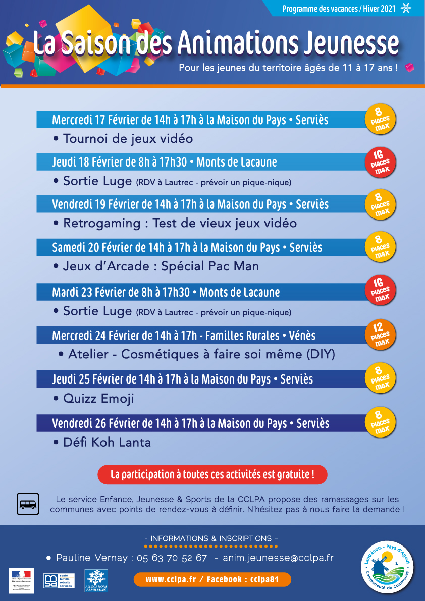 Programme des animations jeunesse proposées cet hiver