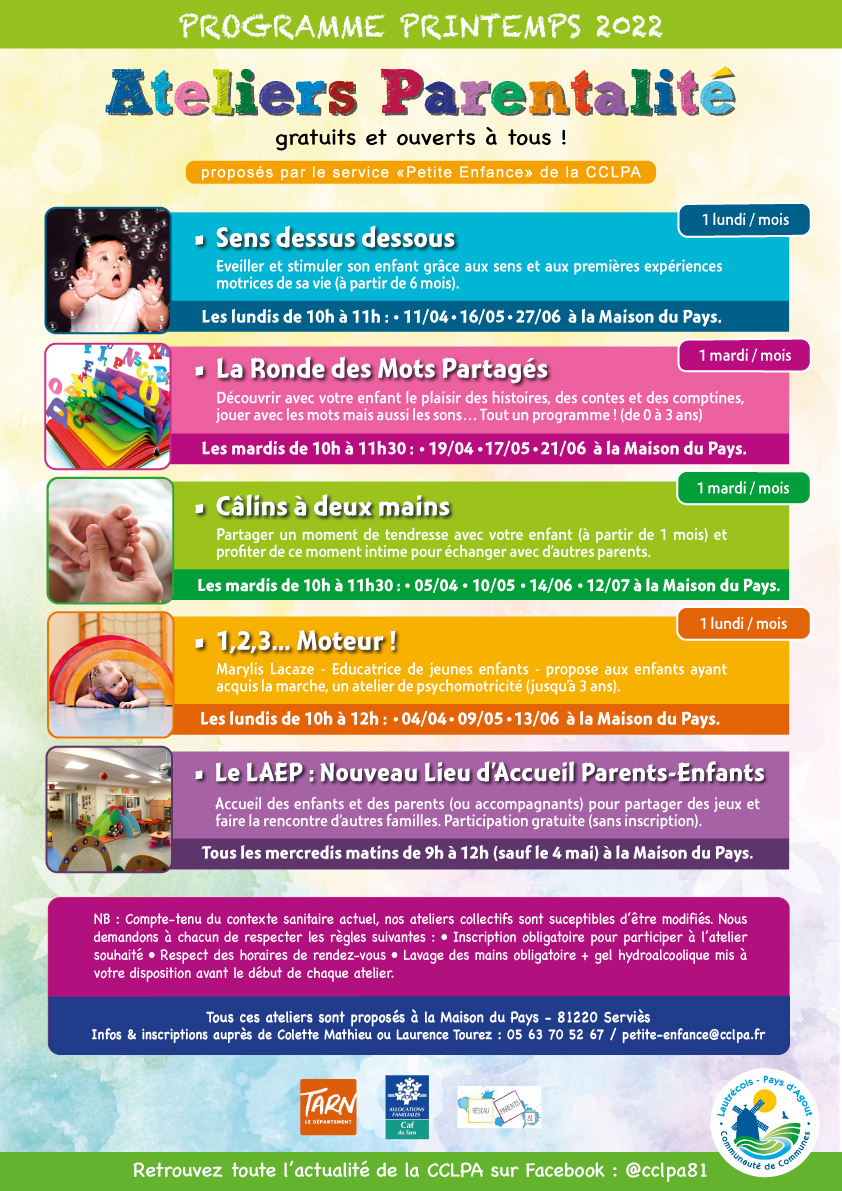 Affiche du programme des Ateliers Parentalité du printemps / CCLPA 